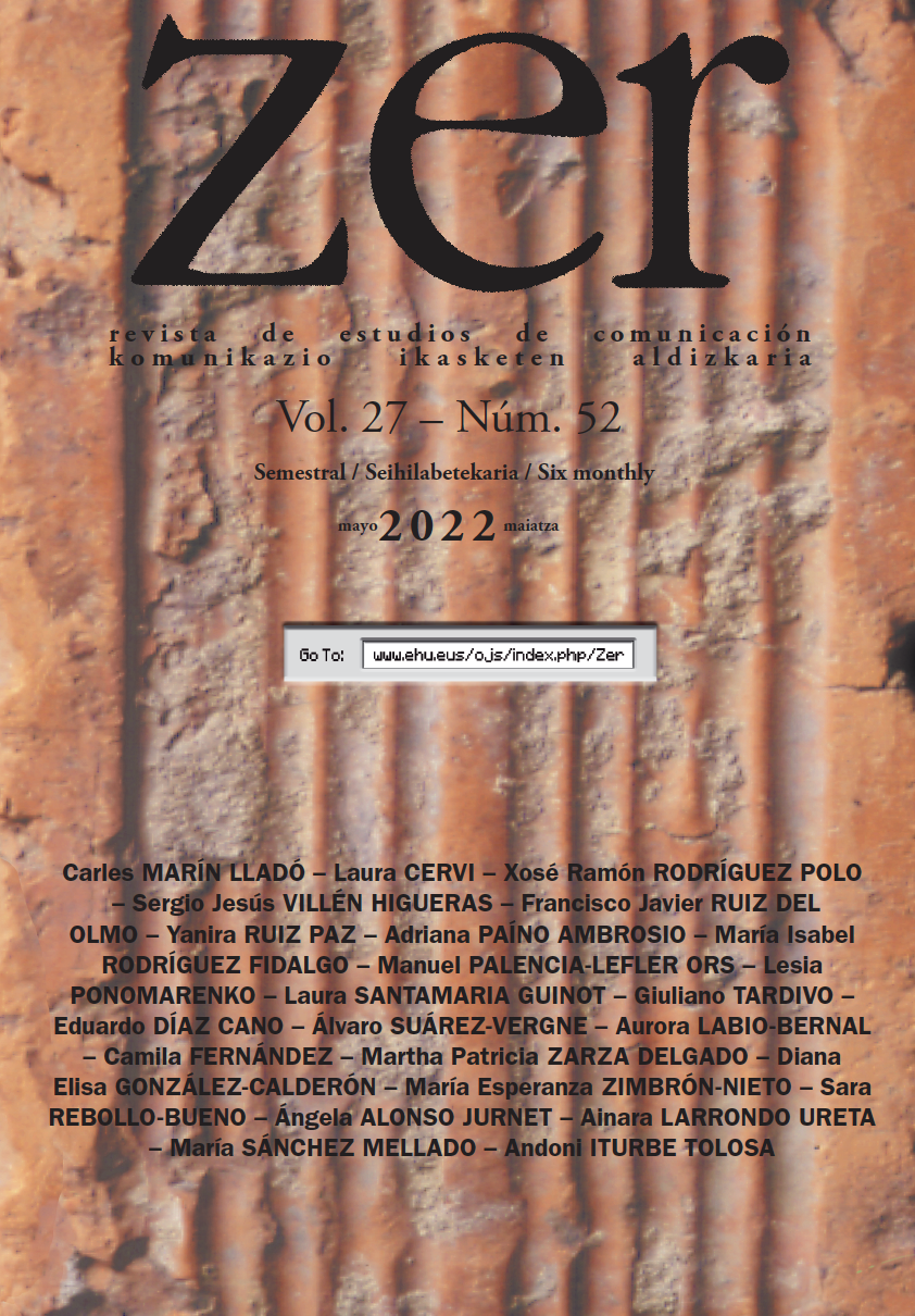 Portada de la revista ZER. Revista de Estudios de Comunicación.  Vol 27 nº 52